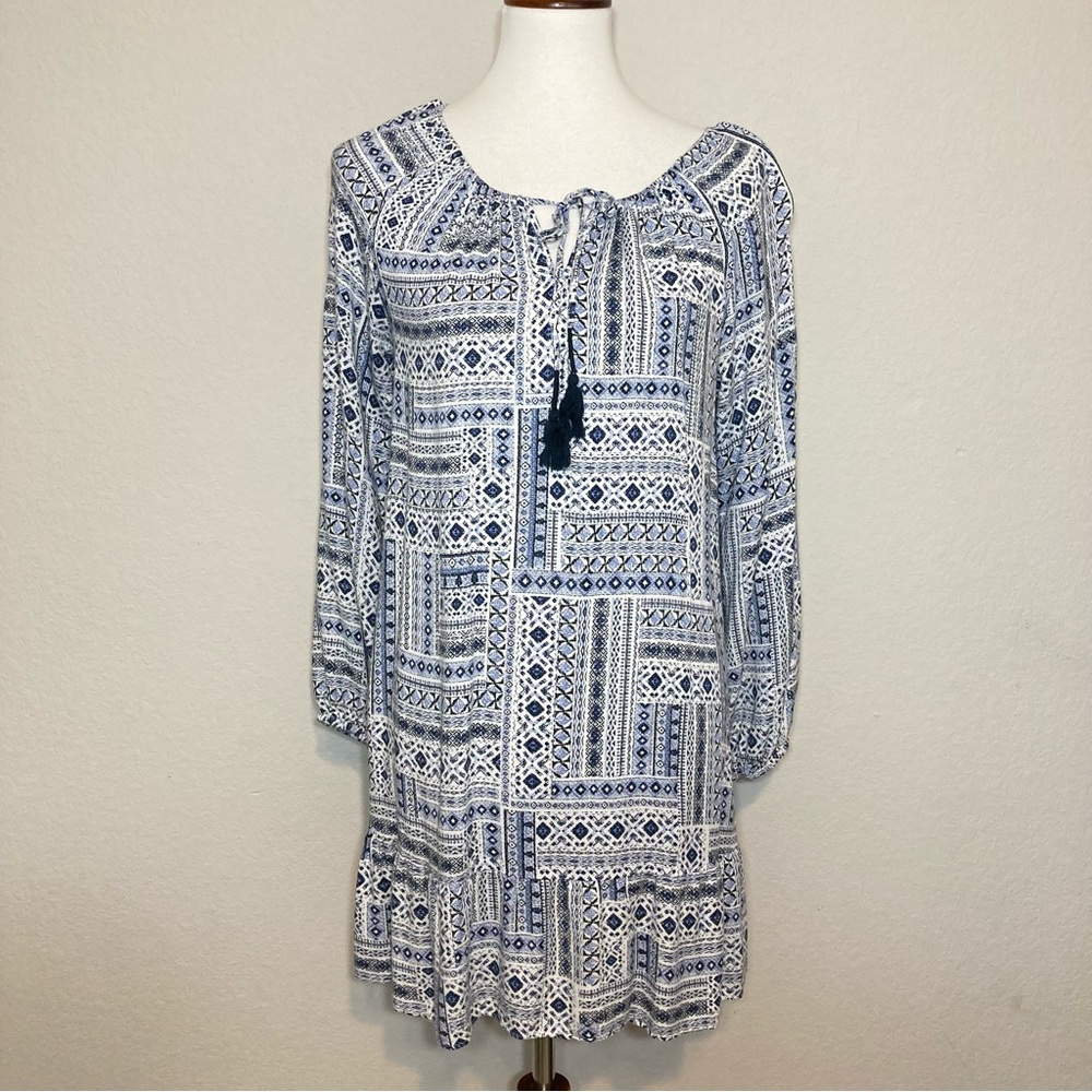 ALTAR’D STATE Blue White Sheath Boho Ruffled Hem Dress Tassel Tie Front Medium